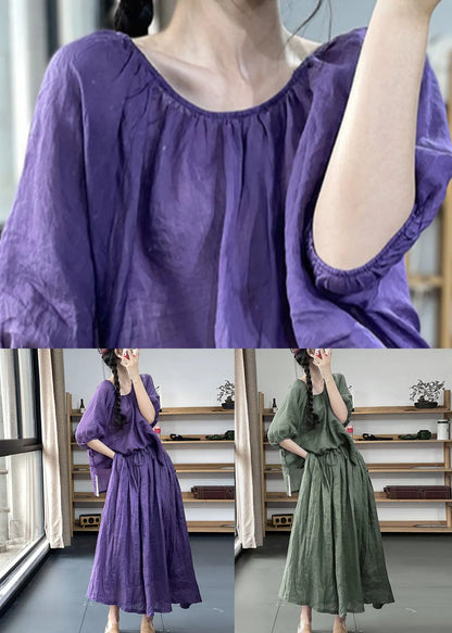 Green Wrinkled Pockets Cotton Two Pieces Set Half Sleeve