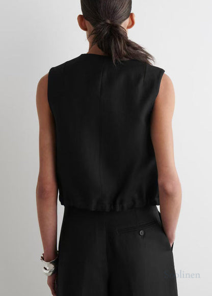 Black V Neck Lace Up Linen Shirt Tops Summer