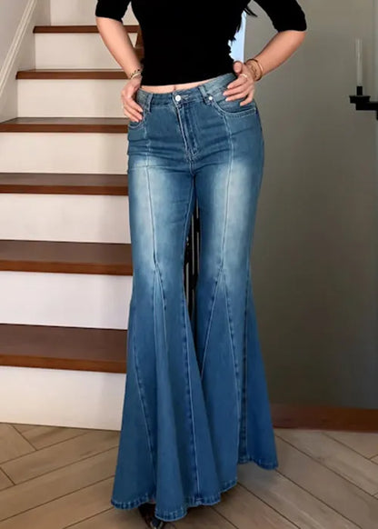 Modern Blue Pockets High Waist Denim Flare Bottoms Fall