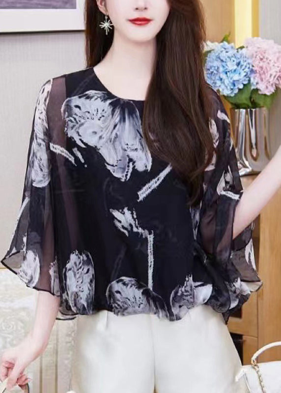 Style Black O-neck Print Asymmetrical Chiffon Shirt Fall