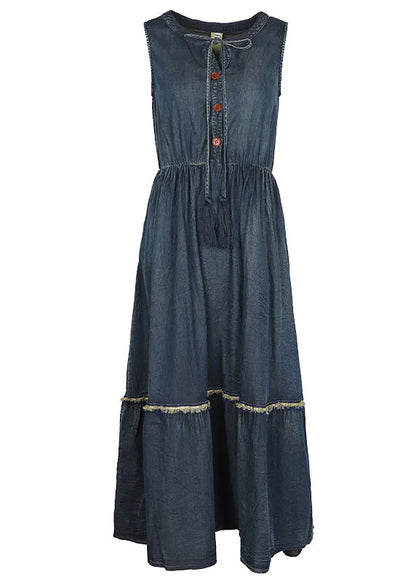 Natural Blue O-neck Drawstring Elastic Waist Cotton Ankle Dress Spring