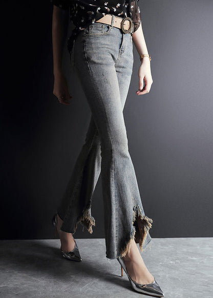 Light Blue Asymmetrical Pockets Cotton Denim Flare Pants Summer