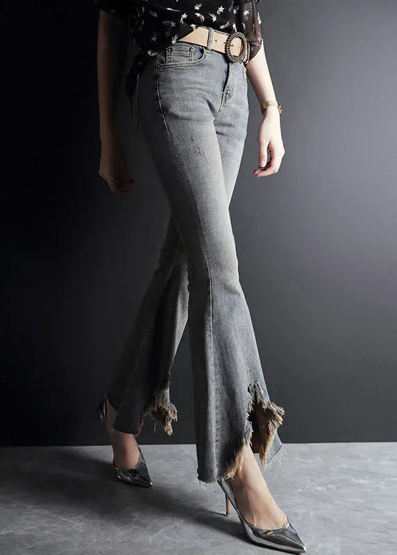 Light Blue Asymmetrical Pockets Cotton Denim Flare Pants Summer