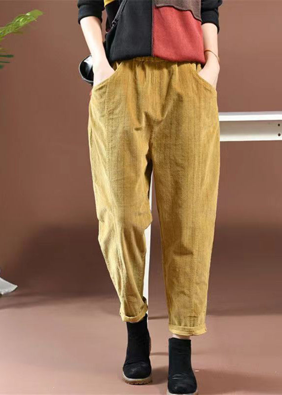 Yellow Pockets Elastic Waist Corduroy Pants Spring