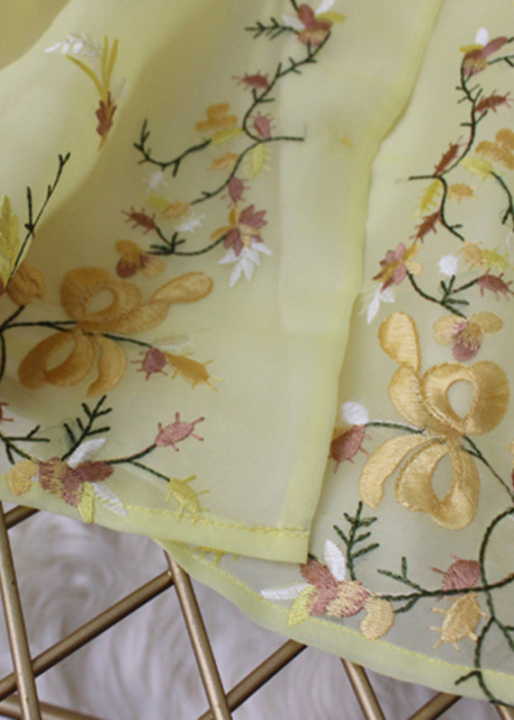 Simple Yellow Stand Collar Embroideried Chiffon Coat Long Sleeve