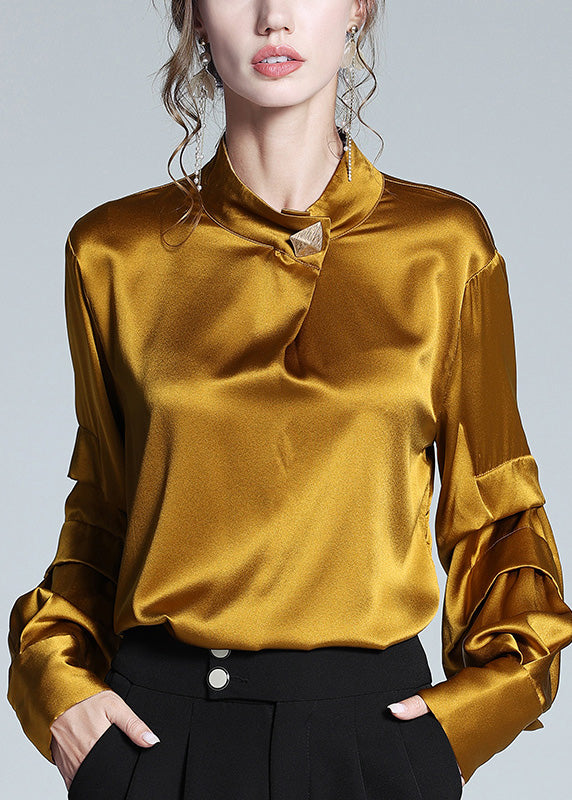 Yellow Stand Collar Silk Top Lantern Sleeve