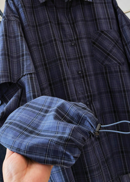 Navy Peter Pan Collar Plaid Drawstring Cotton Shirt Top Fall