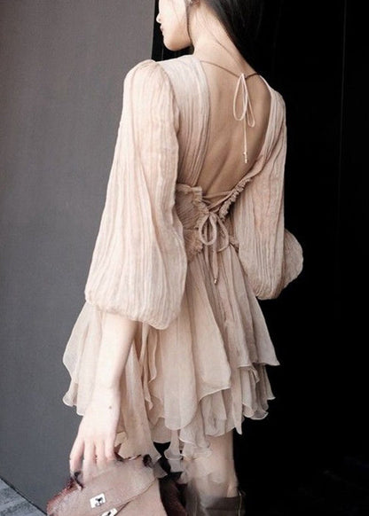 Pink Ruffled Lace Up Patchwork Chiffon Mid Dress Half Sleeve