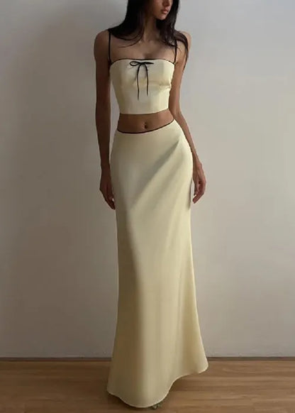 Yellow Bow Spaghetti Strap Tank and Skirts Silk Two Pieces Set Sleeveless