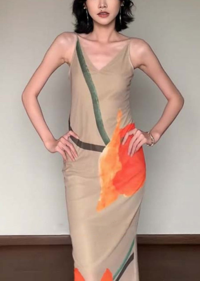 Slim Fit V Neck Print Cotton Long Dress Sleeveless Summer