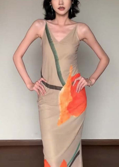 Slim Fit V Neck Print Cotton Long Dress Sleeveless Summer