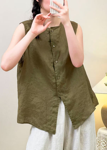 Green Wear on Both Sides Linen Shirt O Neck Summer