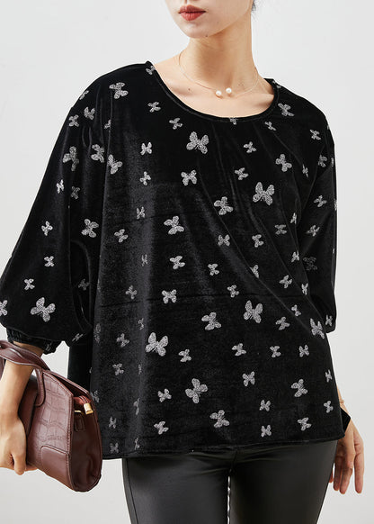 Black Oversized Silk Velour Shirts Spring