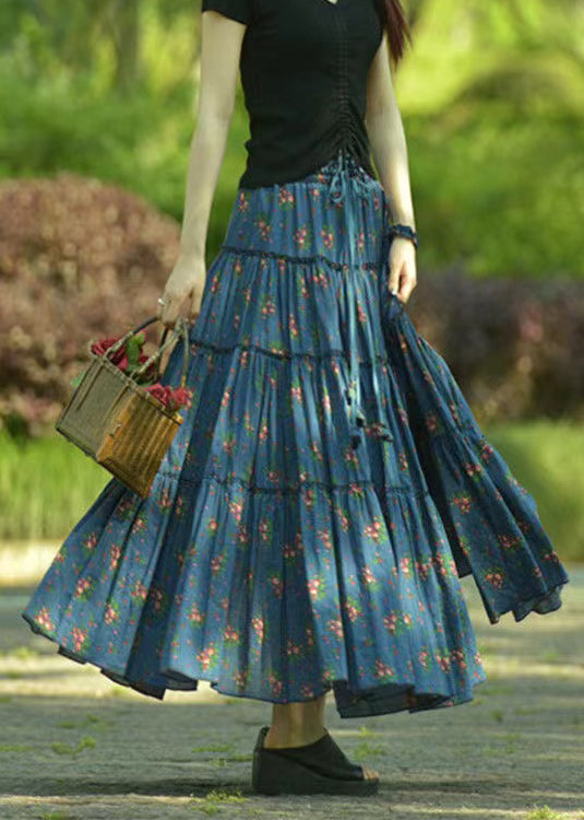 Blue Ruffled Print Exra Large Hem Cotton Skirt Spring