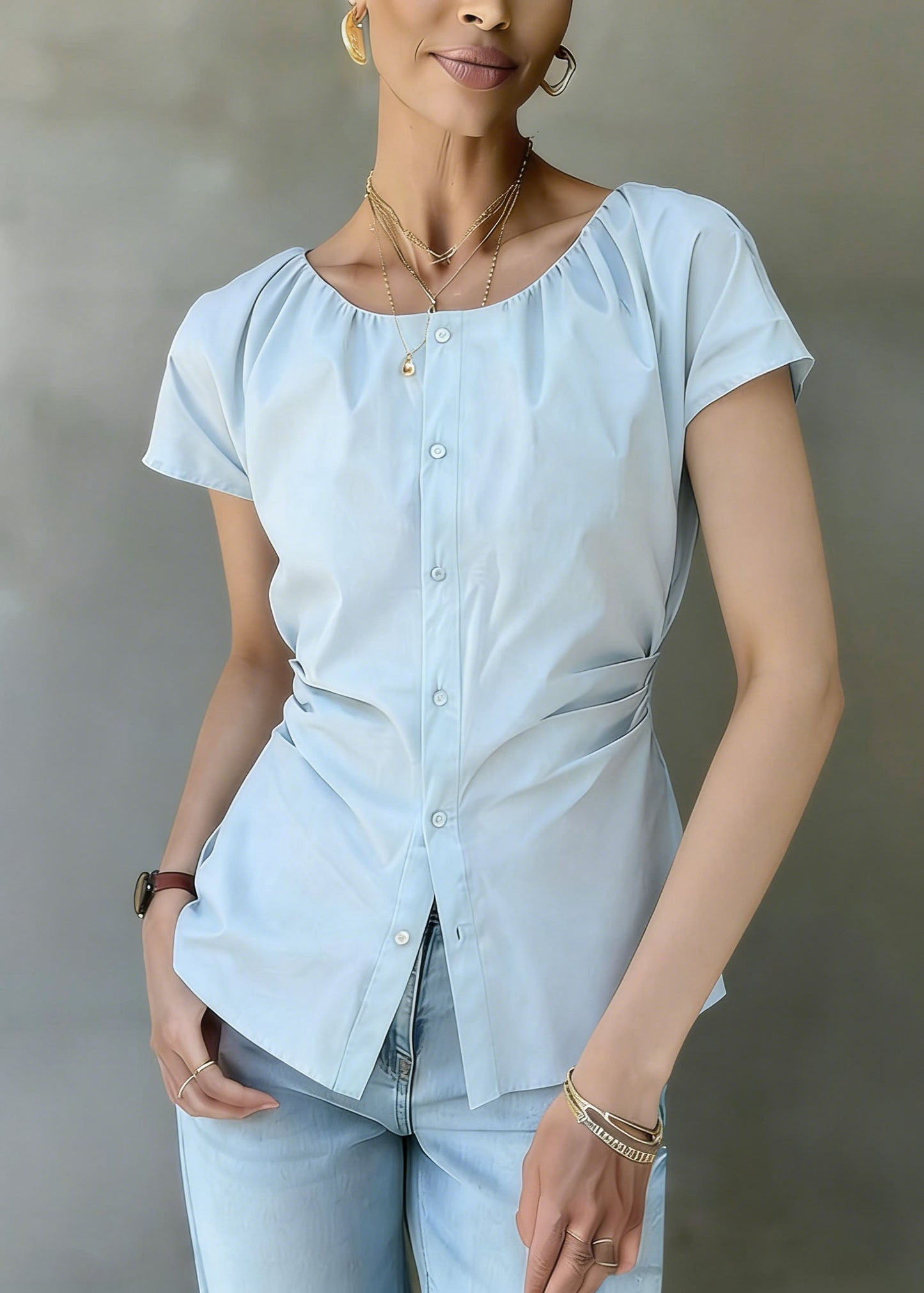 Blue O Neck Wrinkled Button Cotton Shirt Summer
