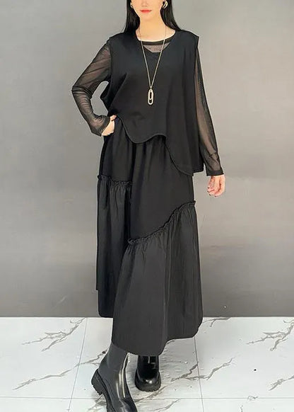 French Black Asymmetrical Ruffled Waistcoat and Skirts Two-piece Set Sleeveless