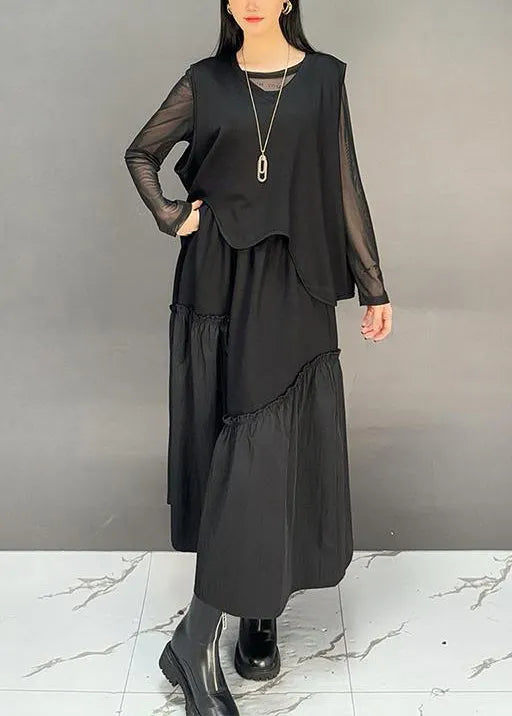 French Black Asymmetrical Ruffled Waistcoat and Skirts Two-piece Set Sleeveless