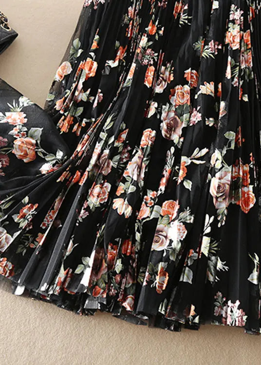 Diy Black Print Tulle Pleated Skirt Spring