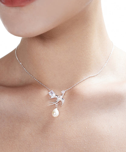 Water Zircon Droplet Pearl Little Bird Silver Choker