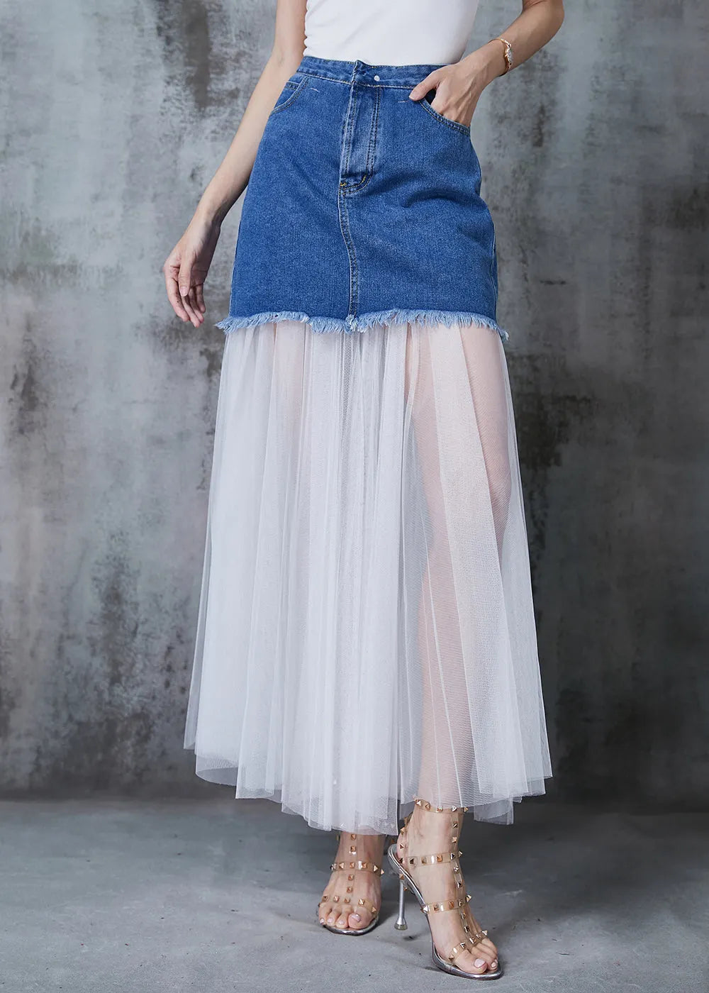 Style Denim Blue Patchwork Tulle Wear on Both Sides Skirt Summer