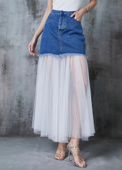Style Denim Blue Patchwork Tulle Wear on Both Sides Skirt Summer