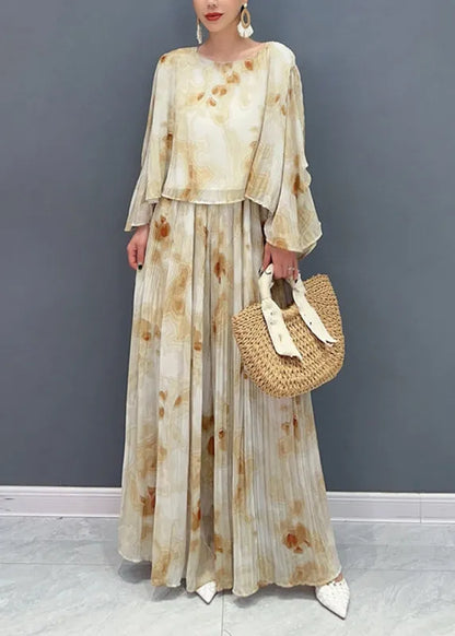 Yellow Print Chiffon Top and Maxi Skirts Two Pieces Set Flare Sleeve