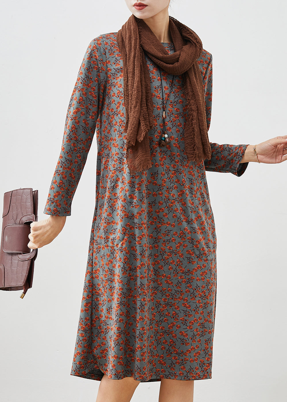 Grey Print Cotton Long Dress Spring