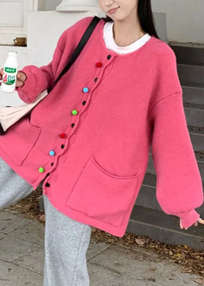 Pink O-neck Button Cotton Knit Sweaters Coats Fall