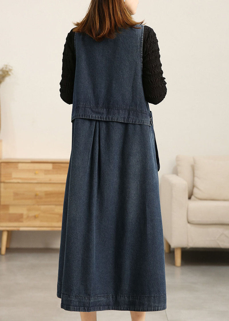Denim Blue V Neck Patchwork Pockets Cotton a Line Dress Sleeveless