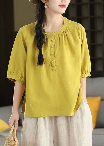 Yellow O-neck Embroidered Cotton Shirt Top Summer