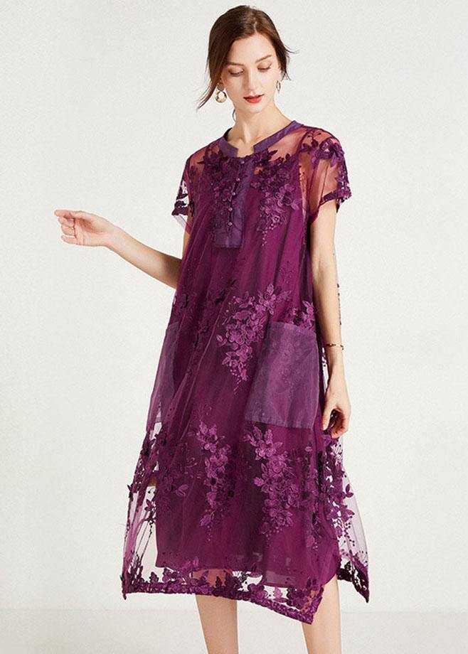 Purple O-neck a Line Summer Short Sleeve Two Pieces Set