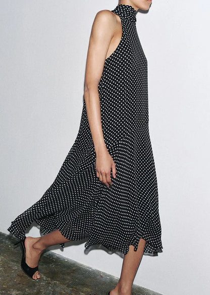 French Black Turtleneck Dot Lace Up Chiffon Long Dress Summer