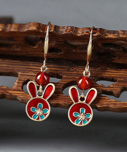 Red Sterling Silver Agate Cloisonne Rabbit Drop Earrings