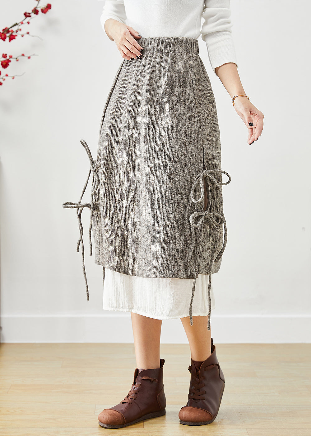 Grey Elastic Waist Patchwork Lace Up Cotton Fake Two Piece Skirt Fall
