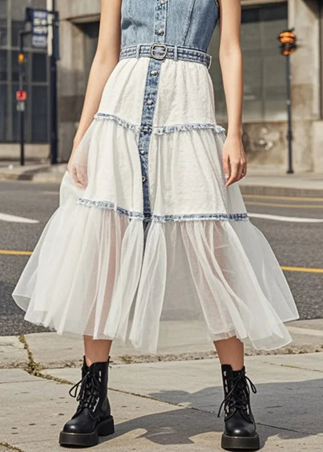 French Light Blue V Neck Patchwork Denim Tea Dresses Summer