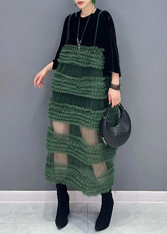 Black Patchwork Green O-neck Fake Two Pieces Tulle Long Dresses Long Sleeve