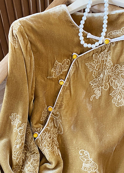 Yellow Oriental Button Jacquard Velour Shirt Top Spring