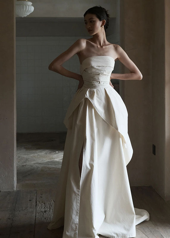 Simple White Bustier Top Flattering Satin Long Dresses Sleeveless Summer