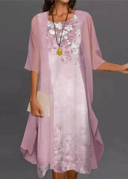 New Pink O-neck Print Chiffon Two Pieces Set Half Sleeve
