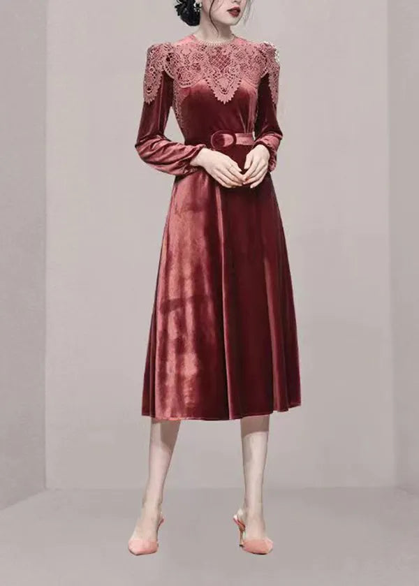 Brick Red Lace Tunic Patchwork Velour Long Dresses Fall