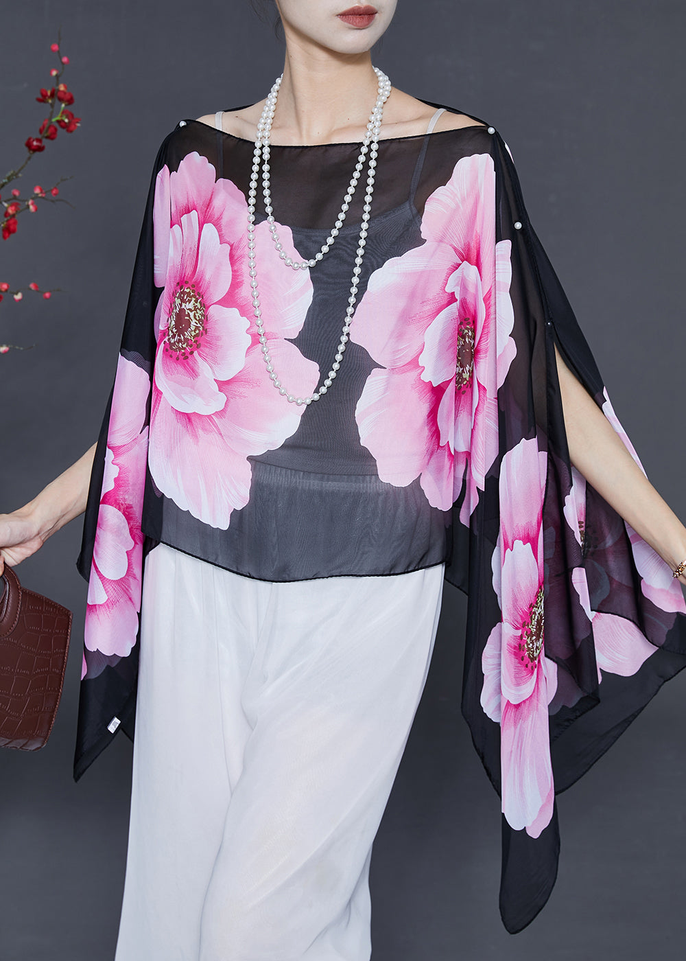 Fitted Black Nail Bead Chiffon Shirt Tops Batwing Sleeve
