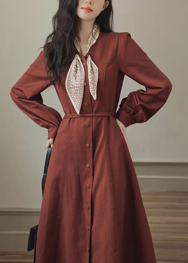 Slim Fit Red Bow Button Pockets Maxi Dress Spring