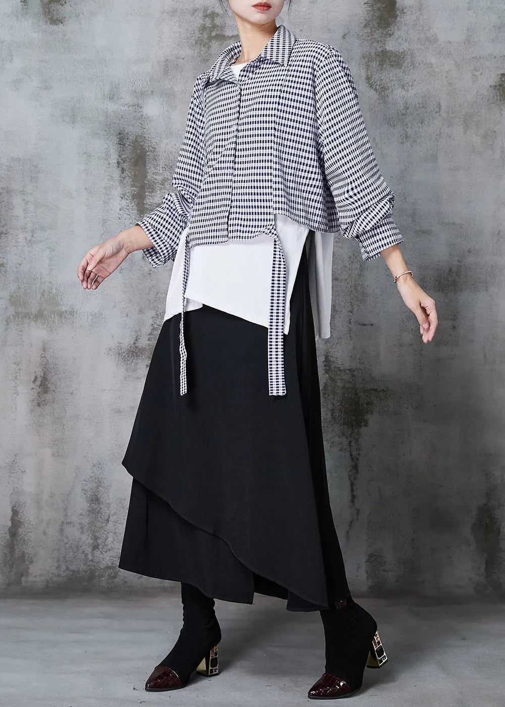 Fine Asymmetrical Patchwork Plaid Cotton Tops and Skirts Two Piece Set Outfits Spring