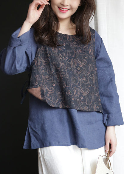 French Navy O-neck Patchwork Tie Waist Linen Fake Two Piece Shirt Tops Spring