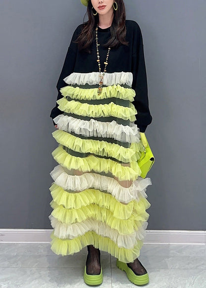 Yellow O Neck Tulle Patchwork Fluffy Dresses Long Sleeve