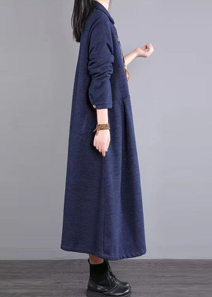 Navy Peter Pan Collar Patchwork Warm Fleece Long Dress Winter