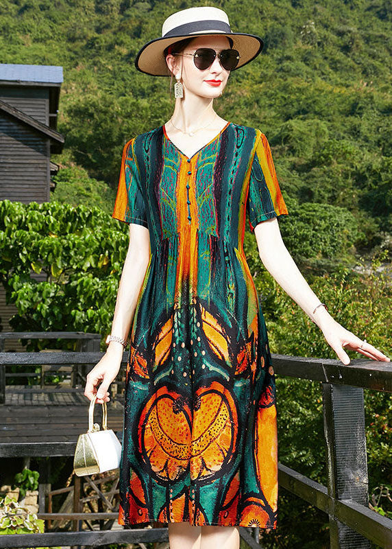 Blackish Green V Neck Wrinkled Print Silk Cinch Dresses Short Sleeve