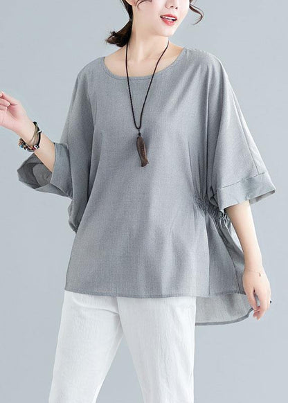 Grey Cinched Cotton Blouse Tops Summer