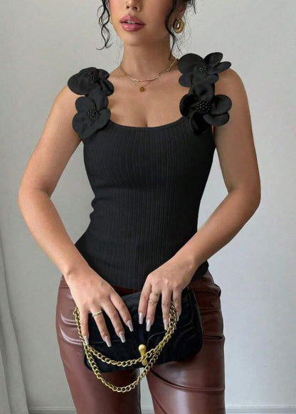 Silm Fit Black Decorated Cotton Tops Summer