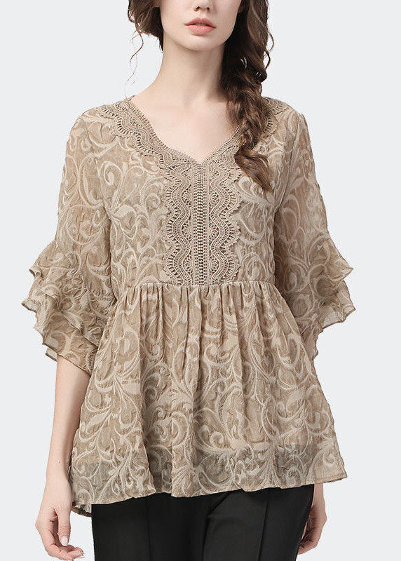 Khaki V Neck Lace Patchwork Wrinkled Tops Petal Sleeve